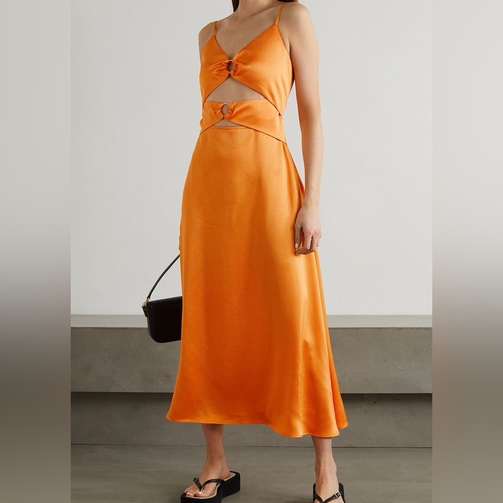 Anna Quan Carina Cutout Satin Midi Dress in Vibrant Orange